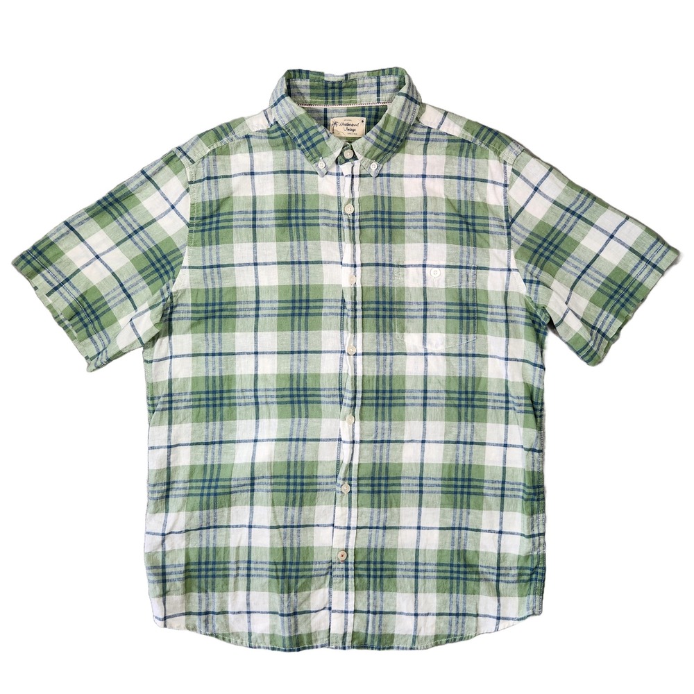 Weatherproof Vintage Men L Linen Blend Plaid Short Sleeve Button Up Summer Beach